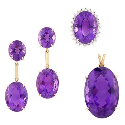 Lot 171 - Two-Color Gold, Amethyst and Diamond Pendant, Ring and Pair of Pendant-Earrings
