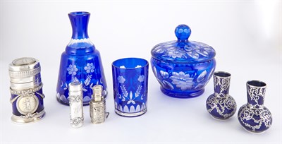 Lot 282 - Group of Bohemian Style Blue Overlay Glass...