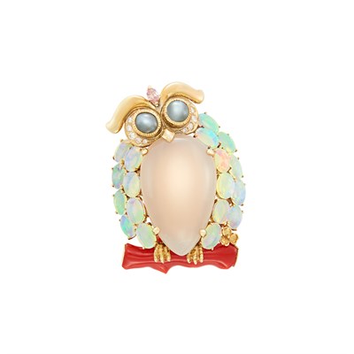 Lot 140 - Gold, Opal, Chalcedony, Diamond, Colored Diamond and Coral Owl Brooch