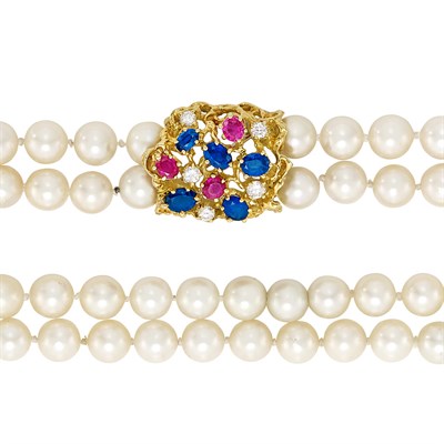 Lot 496 - Double Strand Cultured Pearl Necklace with Gold, Diamond, Ruby and Sapphire Clasp/Brooch, Attributed to Arthur King