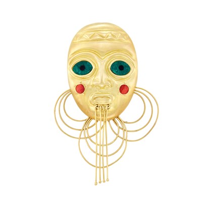 Lot 108 - Gold, Malachite and Rhodochrosite Mask Pendant-Brooch
