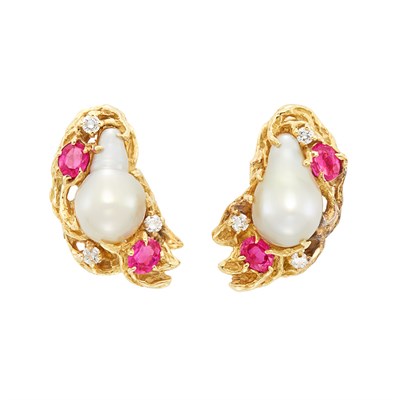 Lot 497 - Pair of Gold, South Sea Baroque Cultured Pearl, Ruby and Diamond Earclips, Arthur King