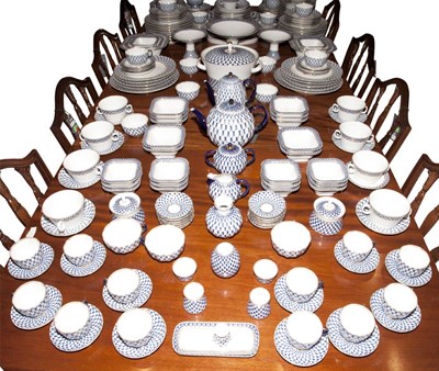 Lot 222 - Lomonosov Cobalt Net Pattern Porcelain Dinner...