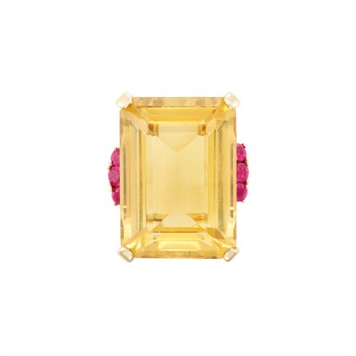 Lot 354 - Retro Two-Color Gold, Platinum, Citrine, Ruby and Diamond Ring