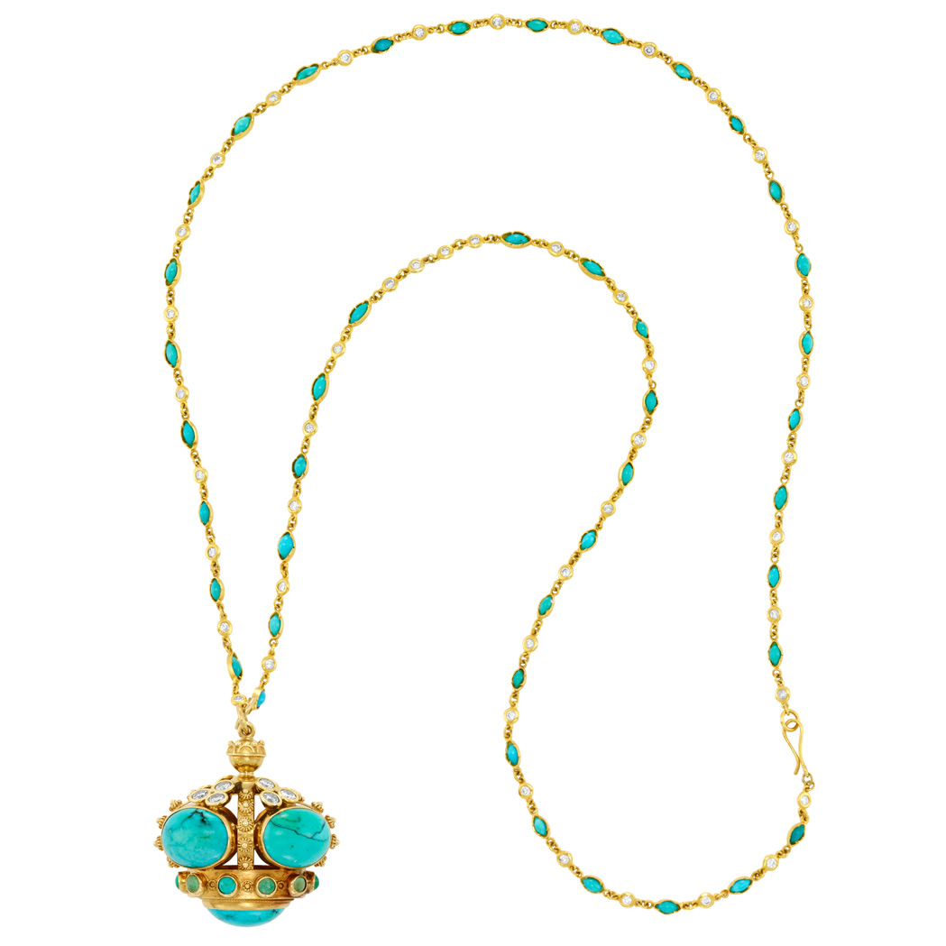 Lot 94 - Long Gold, Turquoise and Diamond Crown Pendant-Necklace