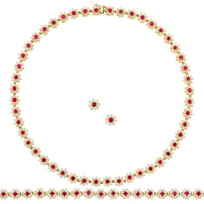 Lot 535 - Suite of Gold, Ruby and Diamond Floral Jewelry