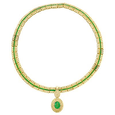 Lot 314 - Gold, Emerald and Diamond Slide Pendant-Necklace