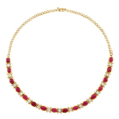 Lot 274 - Gold, Cabochon Ruby and Diamond Necklace