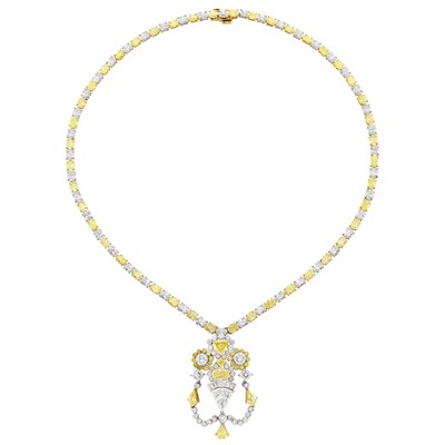 Lot 454 - Platinum, Gold, Diamond and Yellow Diamond Pendant-Necklace