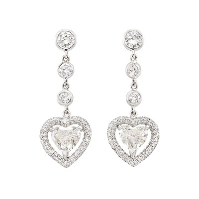 Lot 154 - Pair of Platinum and Diamond Heart Pendant-Earrings