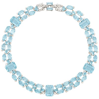 Lot 425 - Art Deco Platinum, Aquamarine and Diamond Necklace, Cartier, London
