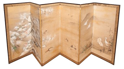 Lot 19 - Japanese Six-Panel Screen Edo Period Songbirds...