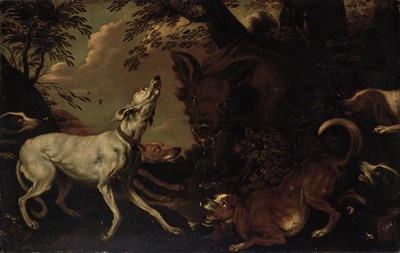 Lot 40 - Follower of Paul de Vos A Boar Hunt Oil on...