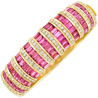 Lot 255 - Gold, Pink Tourmaline and Diamond Bangle Bracelet, by H. Stern