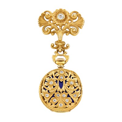 Lot 75 - Antique Gold, Blue Guilloche Enamel and Diamond Lapel Watch, Foster & Co.