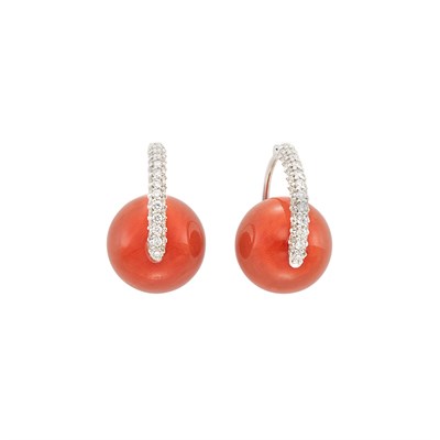 Lot 262 - Pair of White Gold, Coral Bead and Diamond Hoop Earrings, Marissa