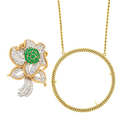 Lot 485 - Platinum, Gold, Emerald and Diamond Flower Brooch, France, and Gold Pendant-Necklace
