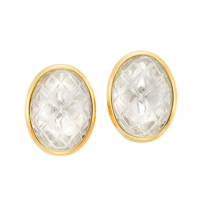 Lot 549 - Pair of Gold and Carved Rock Crystal Earclips, David Webb