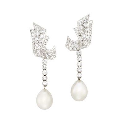 Lot 155 - Pair of Platinum, Diamond and South Sea Cultured Pearl Pendant-Earrings