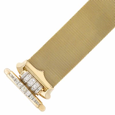 Lot 350 - Retro Two-Color Gold, Platinum and Diamond Mesh Bracelet