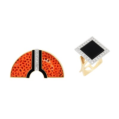 Lot 263 - Gold, Platinum, Sponge Coral, Black Onyx and Diamond Ring and Brooch