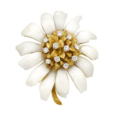 Lot 366 - Gold, Carved White Agate and Diamond Flower Clip-Brooch