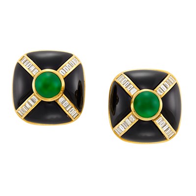 Lot 32 - Pair of Gold, Black Onyx, Cabochon Emerald and Diamond Earclips