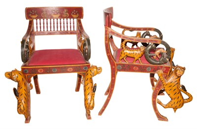 Lot 214 - Indian Three-Piece Painted and Carved Wood...