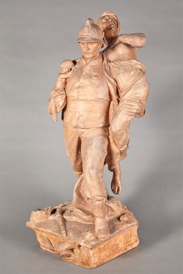 Lot 527 - Terra Cotta Group of a Fireman Rescuing a...