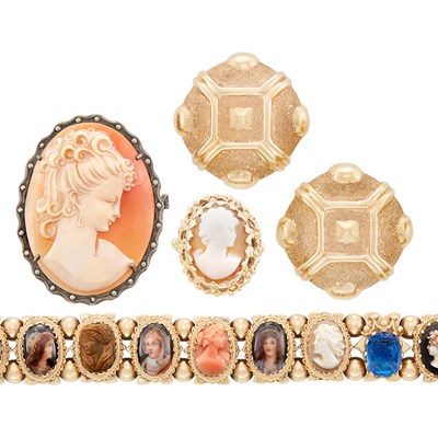 Lot 88 - Gold, Gem-Set, Enamel and Cameo Slide-Bracelet, Ring and Pair of Earclips and Silver and Shell Cameo Pendant-Brooch