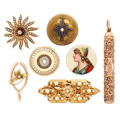 Lot 35 - Five Antique Gold, Low Karat Gold, Diamond, Pearl and Enamel Pins and Pencil and Gold TV Guide Pin