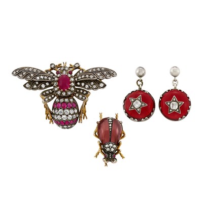 Lot 40 - Pair of Antique Gold, Silver, Ruby, Diamond, Simulated Diamond and Paste Earrings, Bee Pin and Carbunkle Garnet Beetle Pin