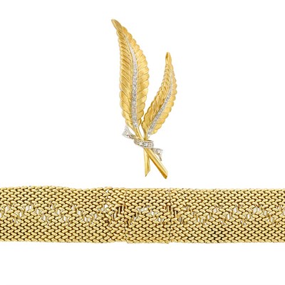 Lot 124 - Two-Color Gold and Diamond 'Leaf' Brooch, Cartier, and Gold Mesh Bracelet-Watch