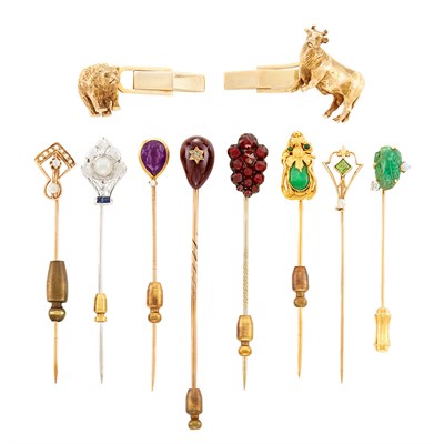 Lot 49 - Pair of Gold Bull and Bear Cufflinks and Eight Mixed Metal and Gem-Set Stickpins