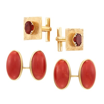 Lot 87 - Two Pairs of Gold, Coral and Garnet Cufflinks