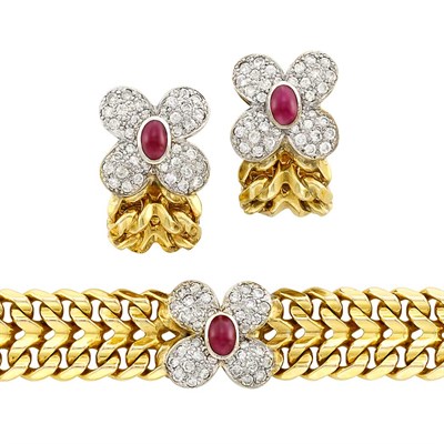 Lot 230 - Two-Color Gold, Cabochon Ruby and Diamond Floral Bracelet and Pair of Earrings