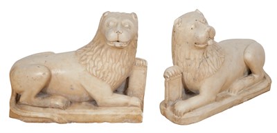 Lot 576 - Pair of Romanesque Style White Marble Lions...