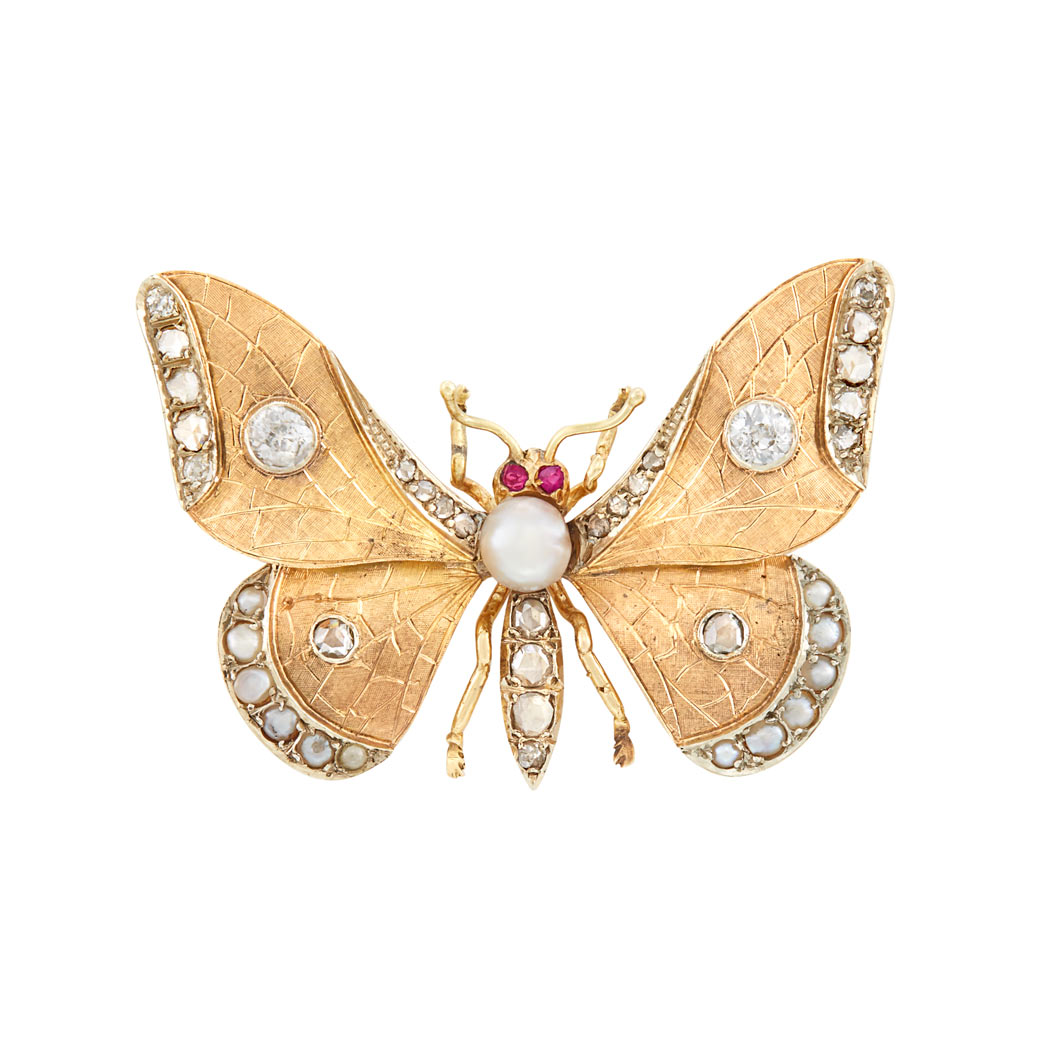 Lot 21 - Antique Two-Color Gold, Diamond, Button and Split Pearl and Ruby Butterfly Brooch