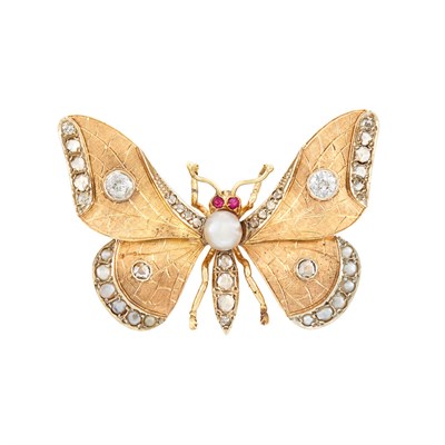 Lot 21 - Antique Two-Color Gold, Diamond, Button and Split Pearl and Ruby Butterfly Brooch