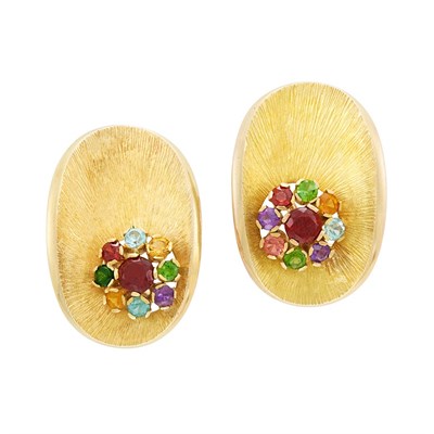 Lot 130 - Pair of Textured Gold and Multicolored Gem-Set Earclips