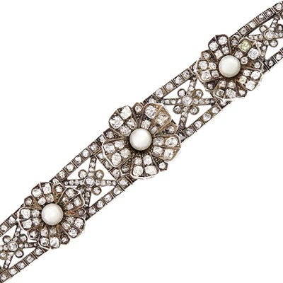 Lot 520 - Antique Silver-Topped Gold, Diamond and Pearl Bracelet, France