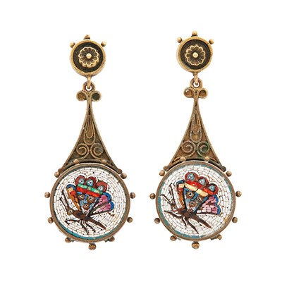 Lot 514 - Pair of Antique Gold, Silver-Gilt and Micromosaic Pendant-Earrings