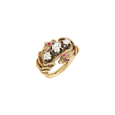 Lot 39 - Antique Gold, Ruby and Diamond Double Snake Ring