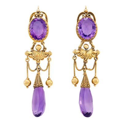 Lot 517 - Pair of Antique Gold and Amethyst Pendant-Earrings