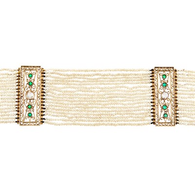Lot 23 - Multistrand Seed Pearl, Gold, Emerald and Diamond Choker Necklace