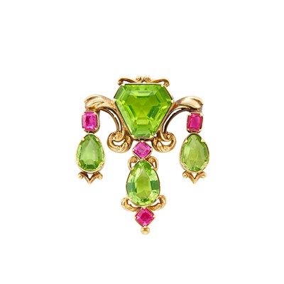 Lot 24 - Antique Gold, Peridot and Ruby Pendant-Brooch
