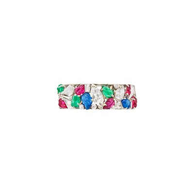 Lot 471 - Art Deco Platinum, Diamond, Carved Ruby, Emerald and Sapphire 'Tutti Frutti' Band Ring