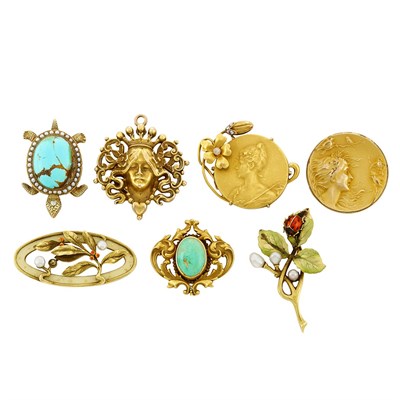 Lot 26 - Seven  Antique and Art Nouveau Gold, Turquoise, Enamel, Pearl and Diamond Pins