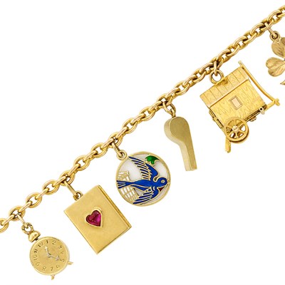 Lot 25 - Gold, Enamel and Gem-Set Charm Bracelet