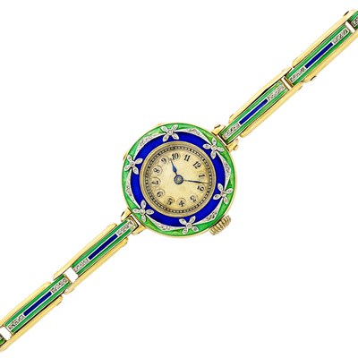 Lot 17 - Antique Gold, Platinum, Blue and Green Enamel and Diamond Wristwatch